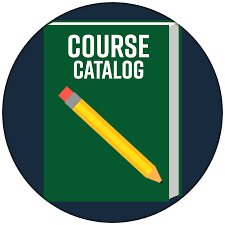 Green book with yellow pencil with words Course Catalog 